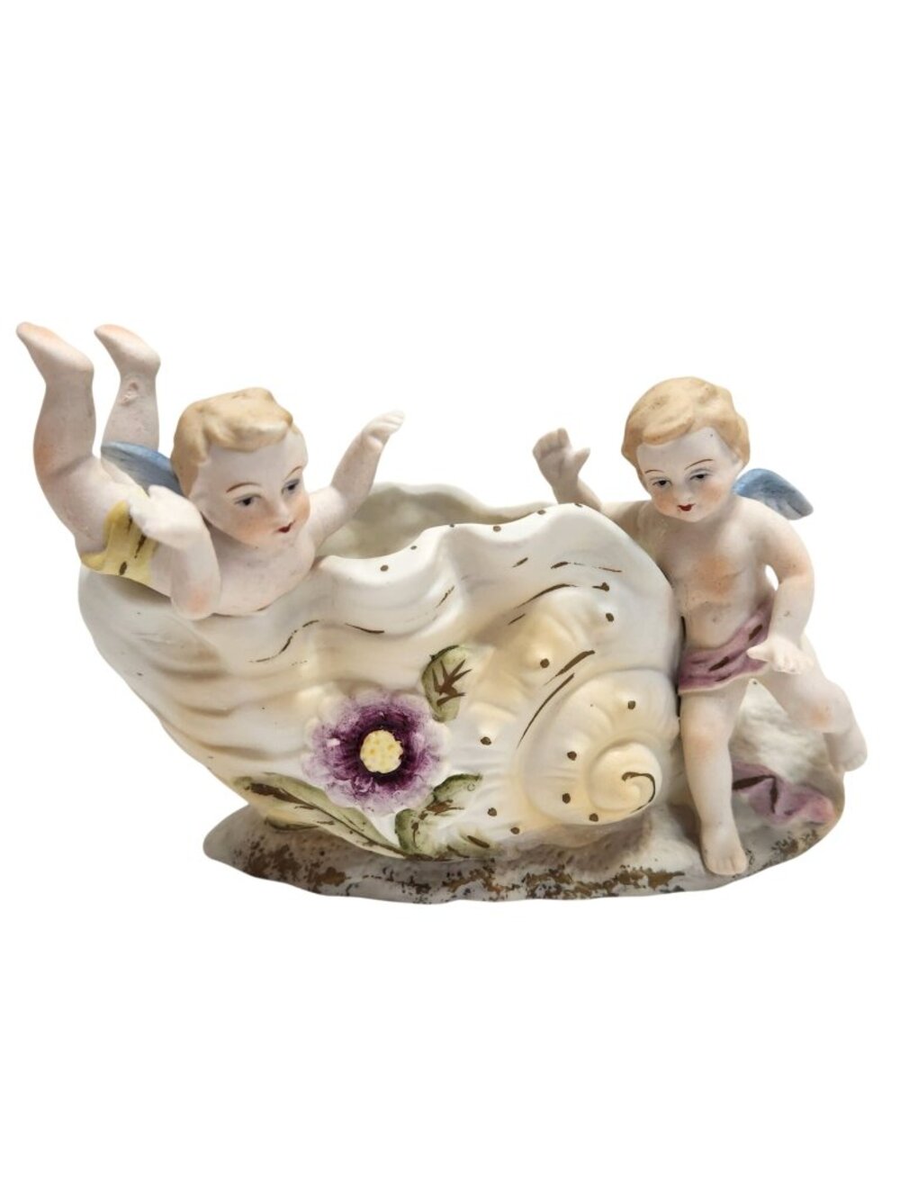 Vintage UCAGCO Japan Cherub Figurine With Floral Shell Planter Porcelain READ